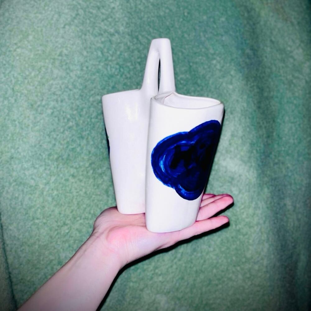 Vtg 80s Cobalt Blue Floral Ceramic Double Spill Vase